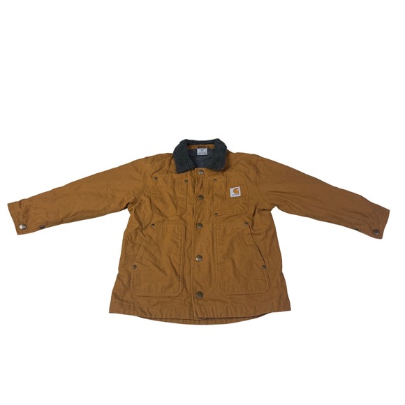 Carhartt Other - Carhartt Boys Brown Canvas Sherpa Collar Chore Coat Jacket Size S 7-8 RN13706